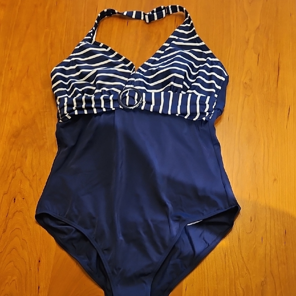 Navy Halter One-Piece Swim with Striped Bust